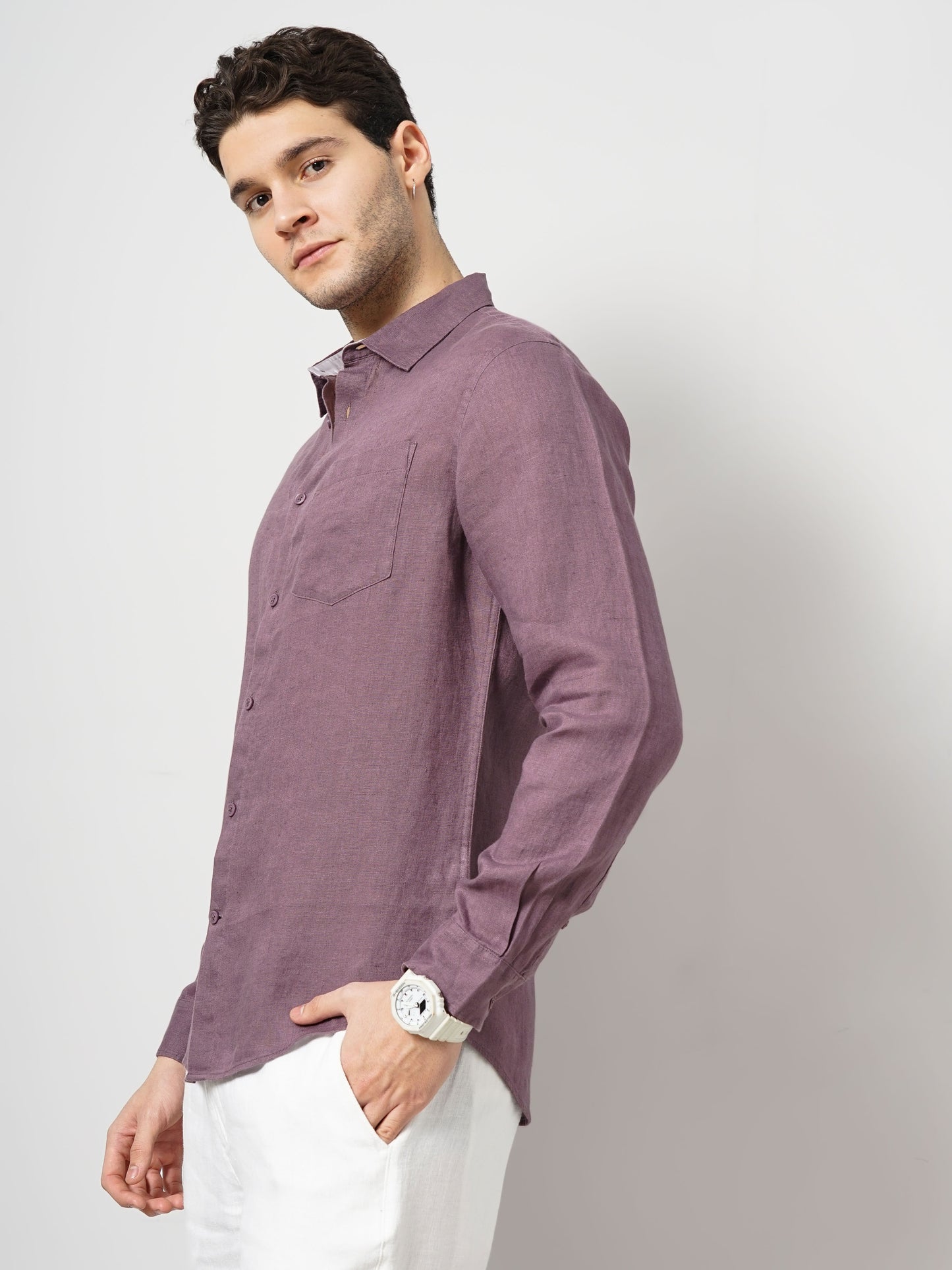 Purple Solid Linen Shirt