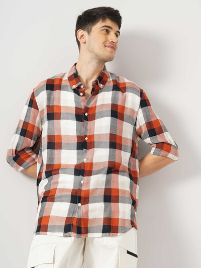Celio* Checked Regular Fit Viscose Rust Shirt