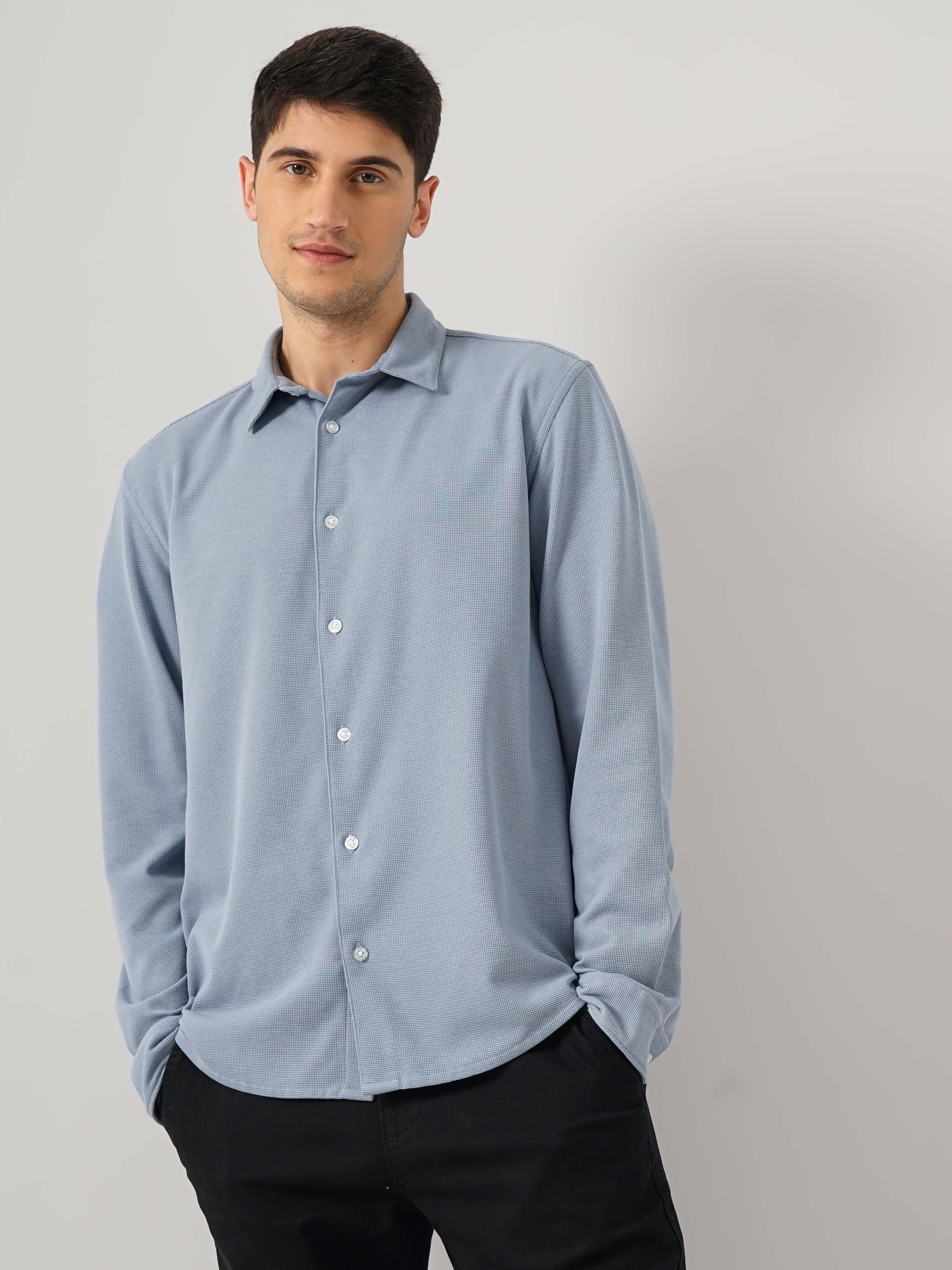 Blue Solid Cotton Shirt