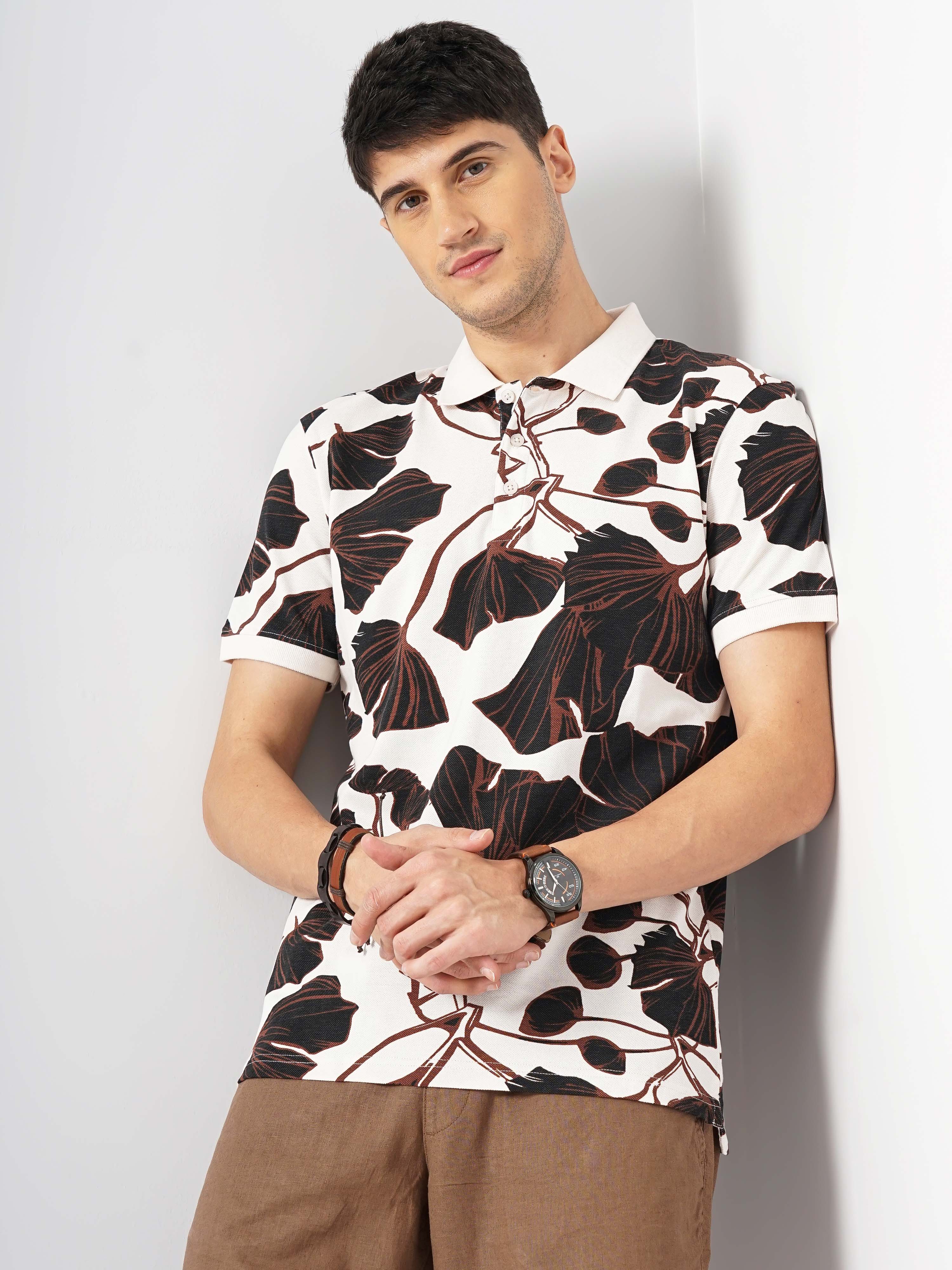 Beige Printed Cotton Polo