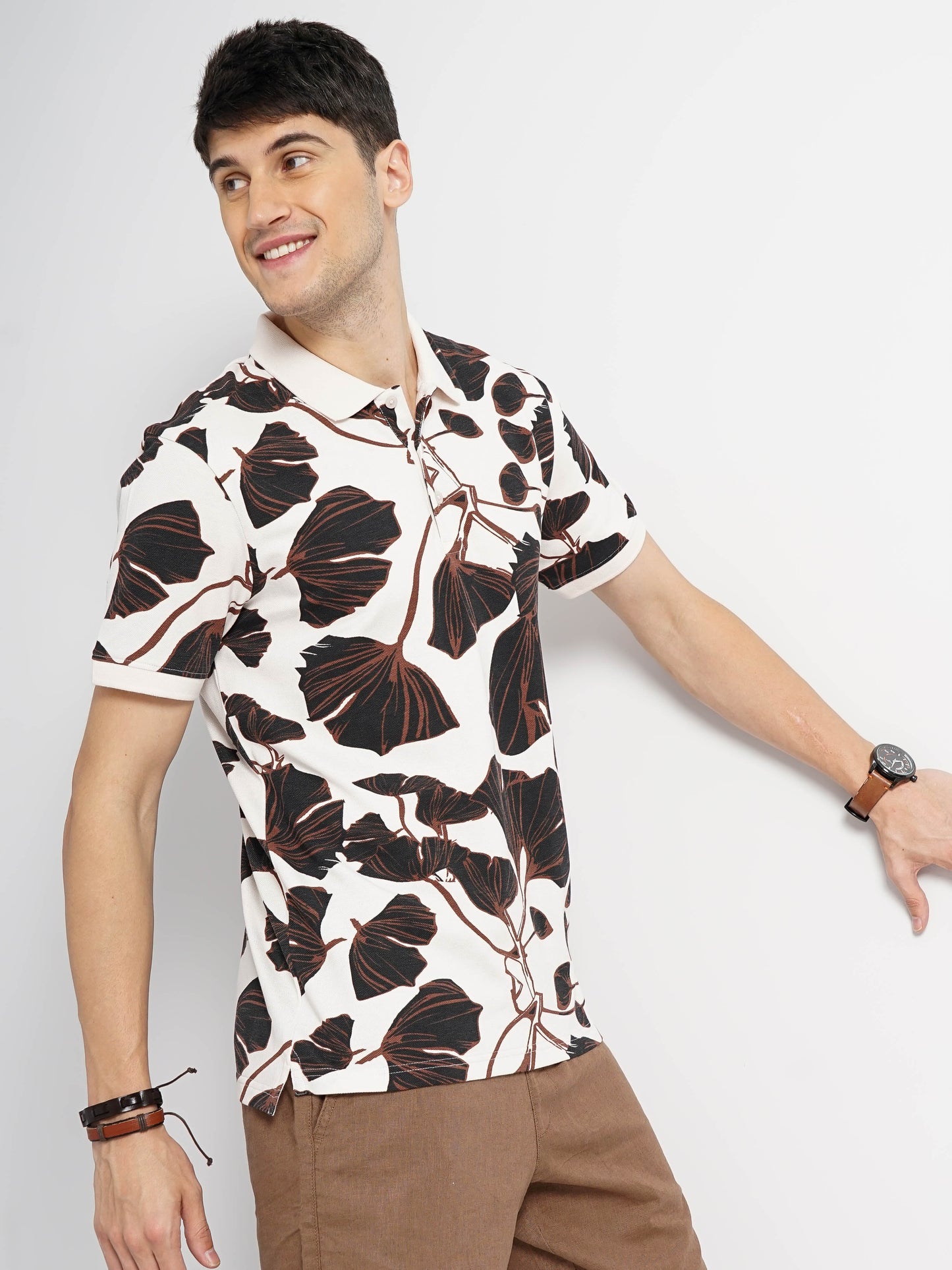 Beige Printed Cotton Polo