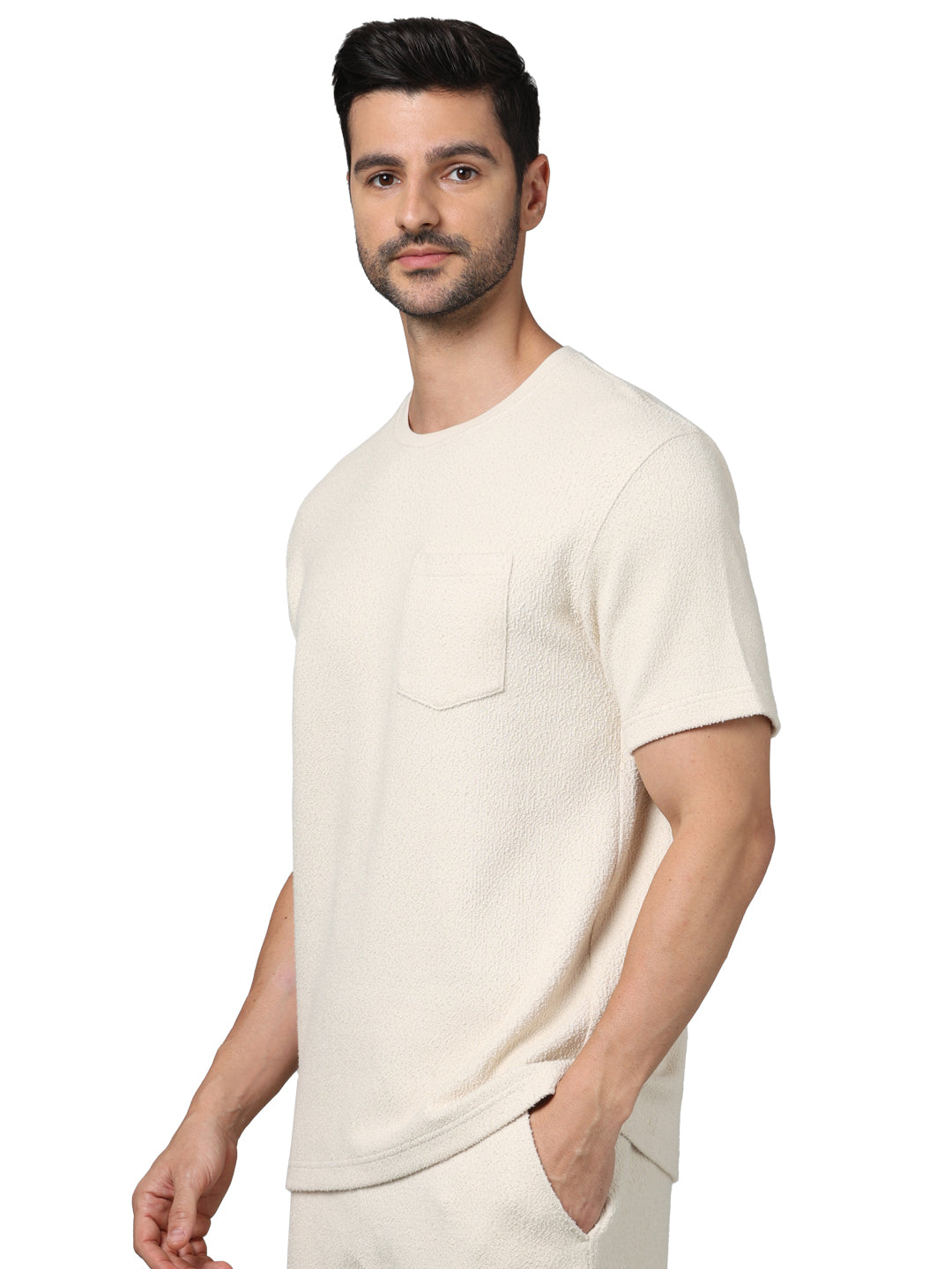 Beige Solid Cotton T-shirt