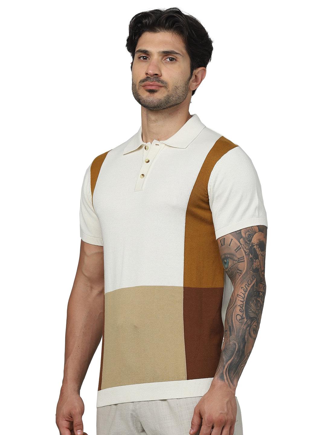 Beige Colourblock Cotton Polo