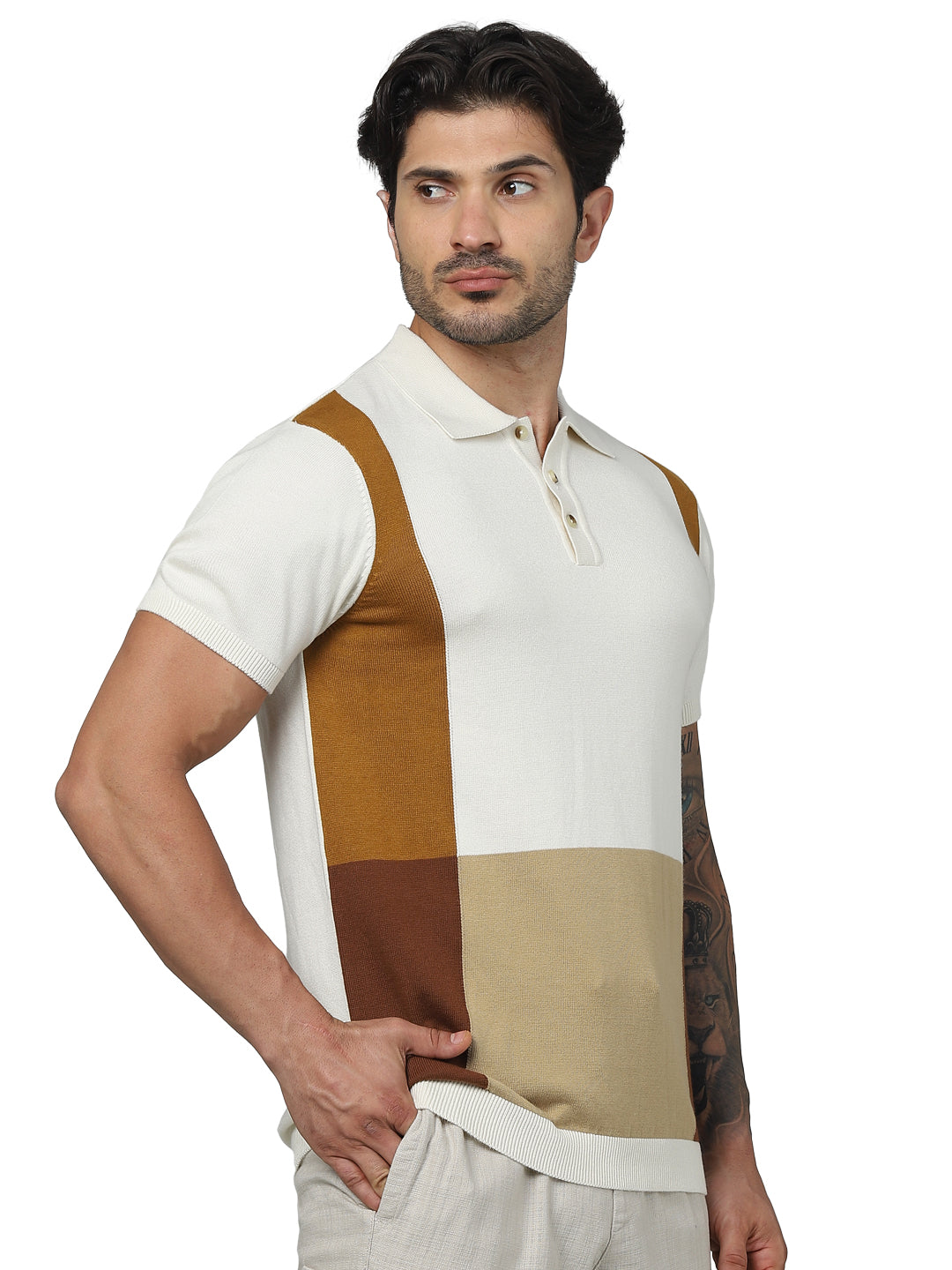 Beige Colourblock Cotton Polo