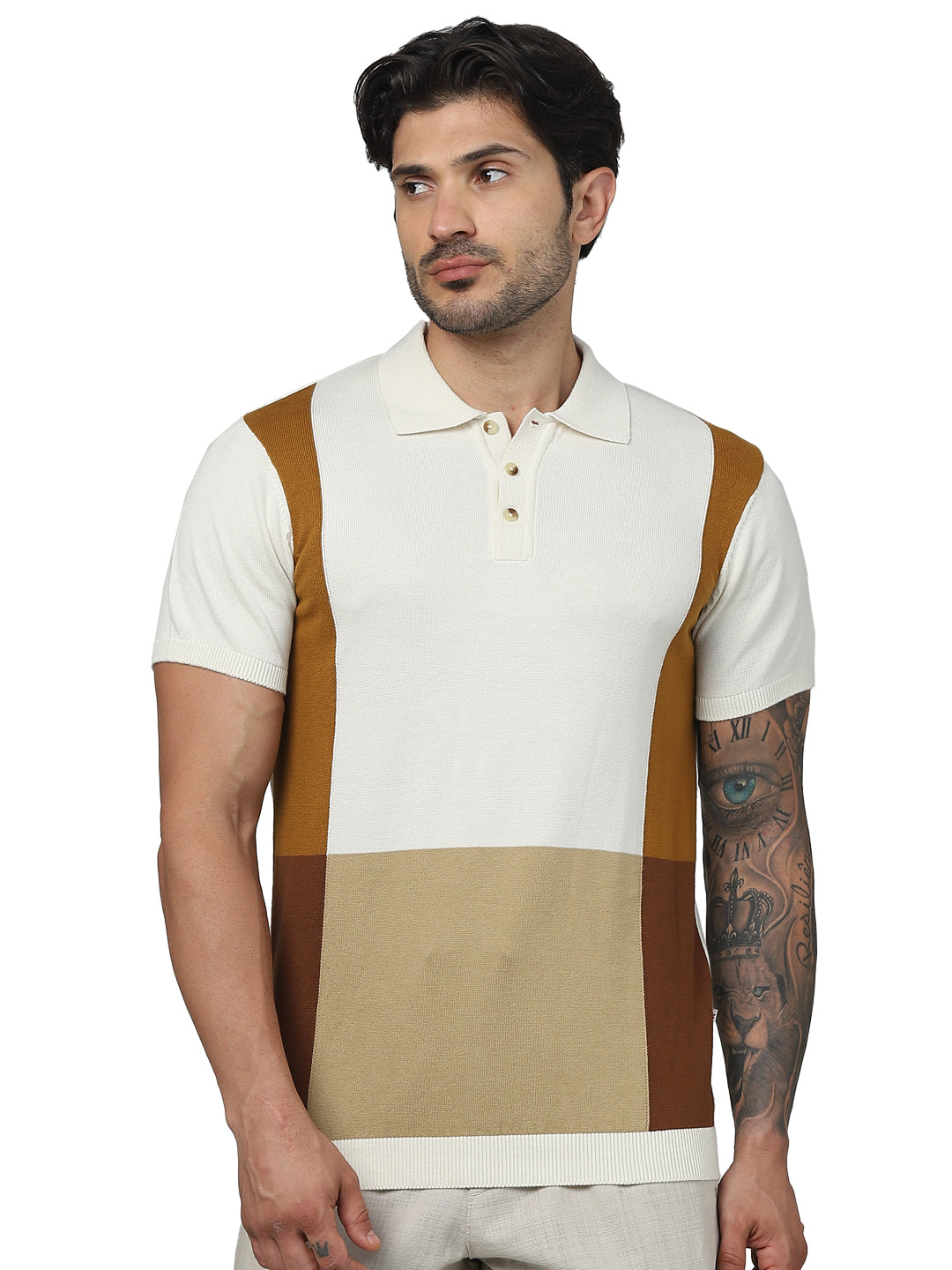 Beige Colourblock Cotton Polo