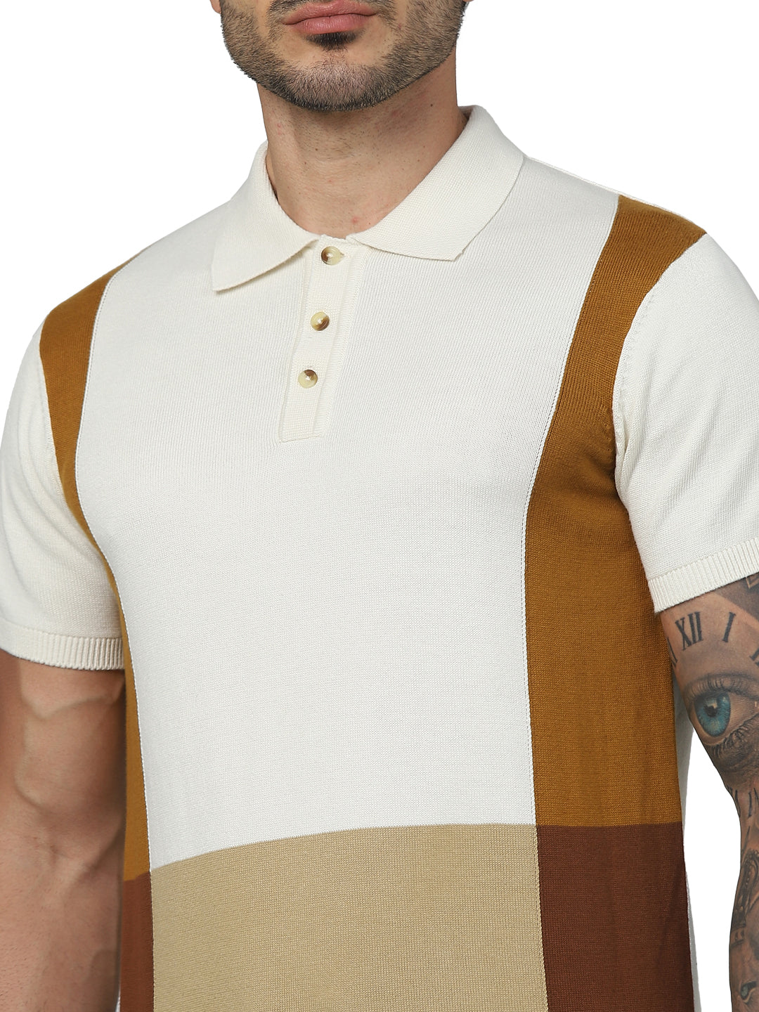 Beige Colourblock Cotton Polo