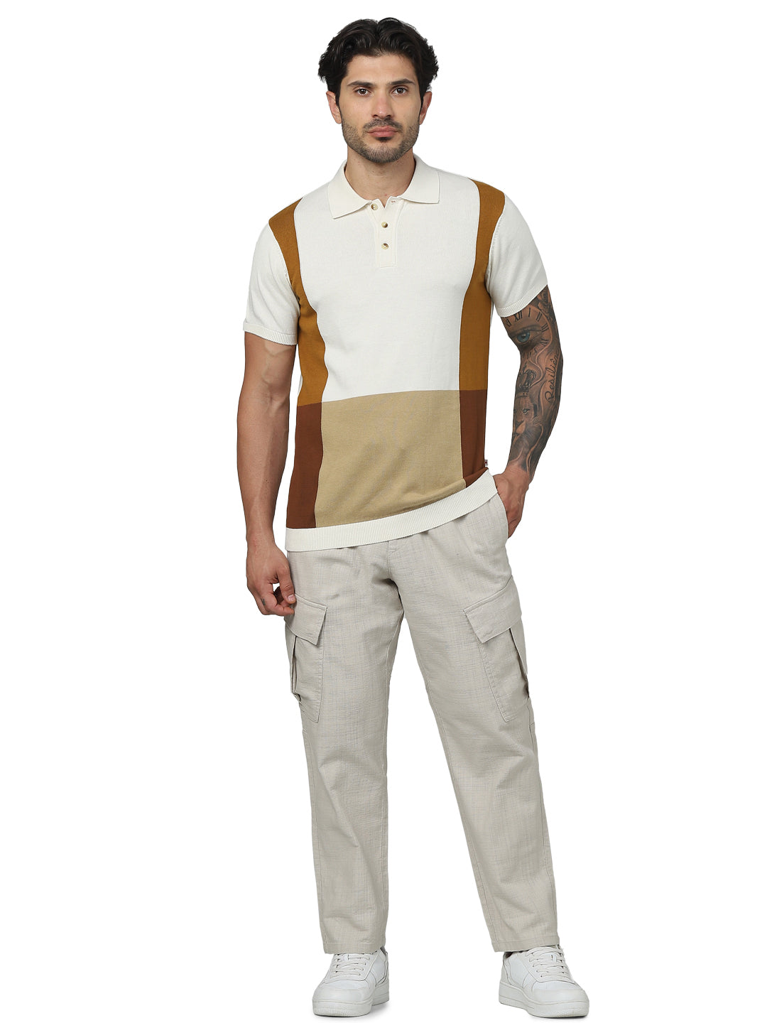 Beige Colourblock Cotton Polo