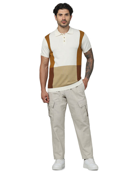 Beige Colourblock Cotton Polo