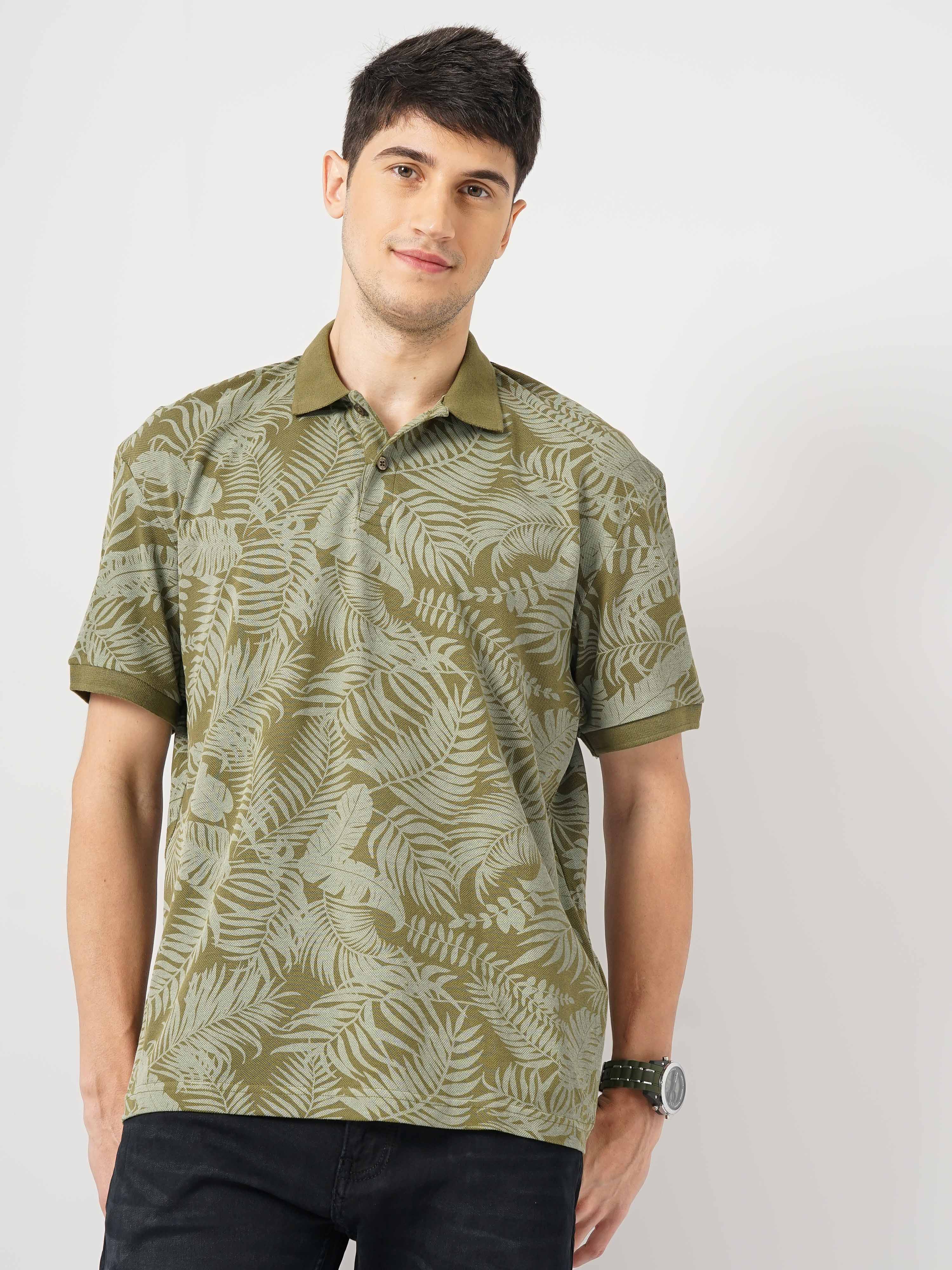 Khaki Printed Cotton Polo