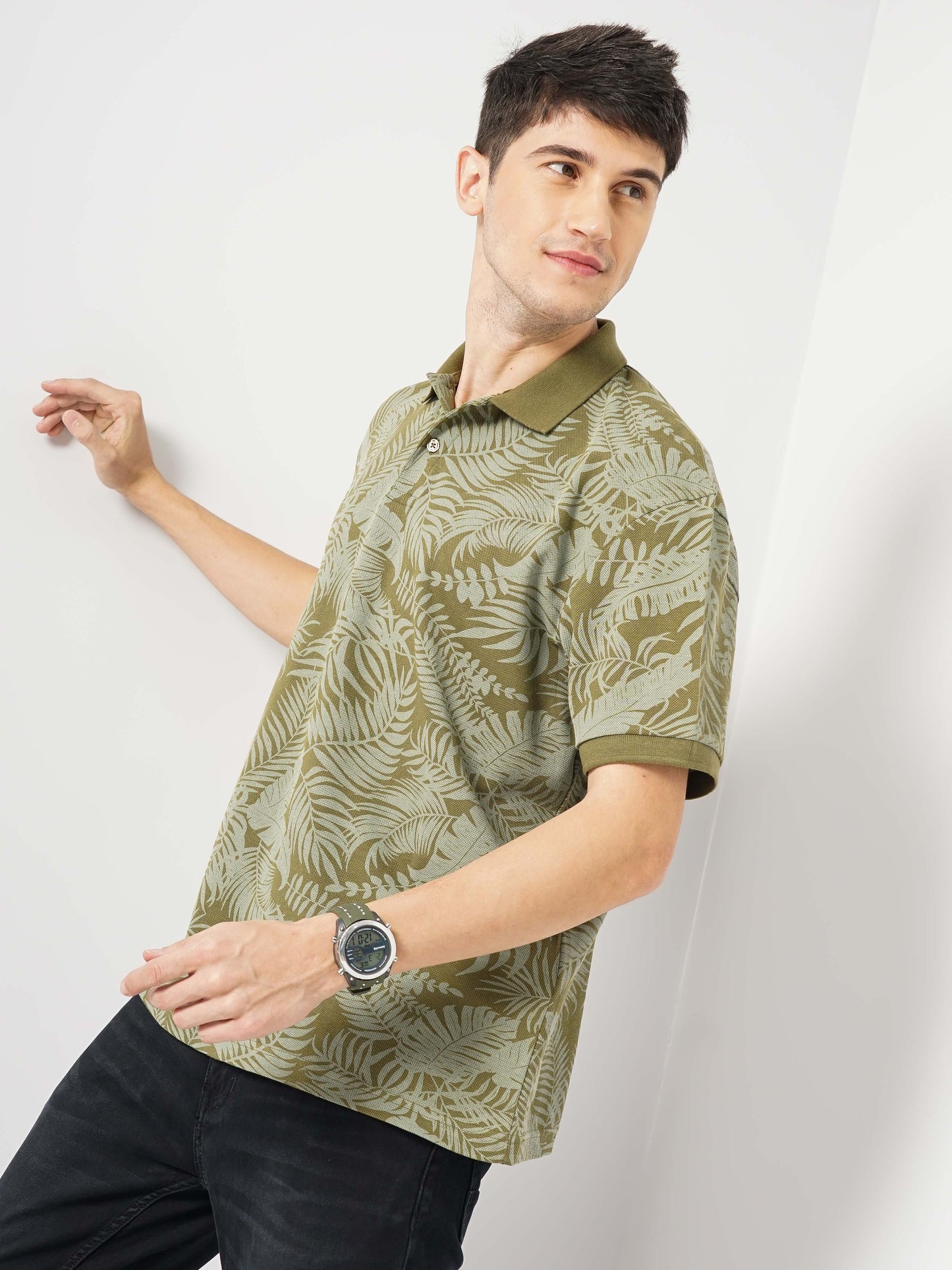 Khaki Printed Cotton Polo