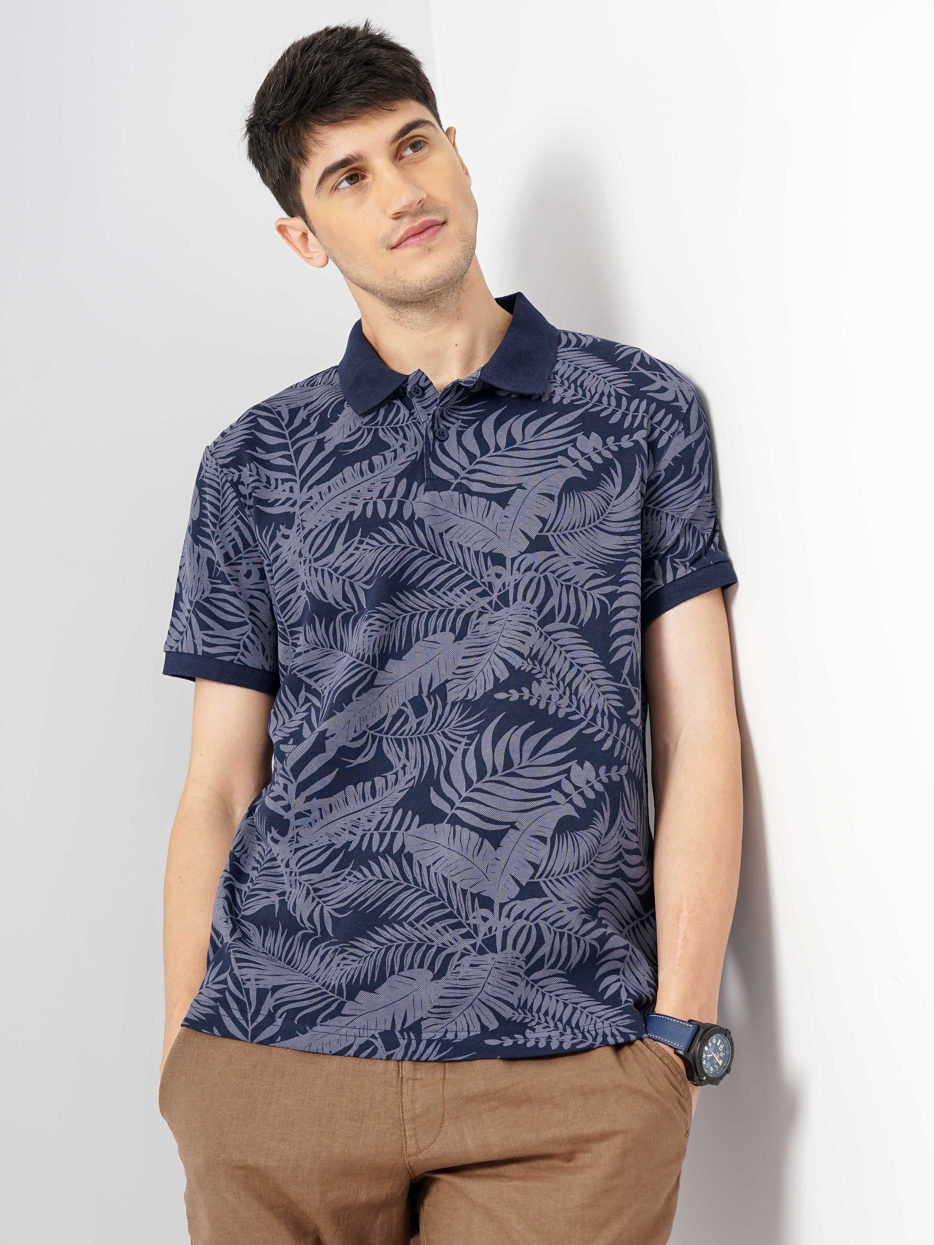 Navy Blue Printed Cotton Polo