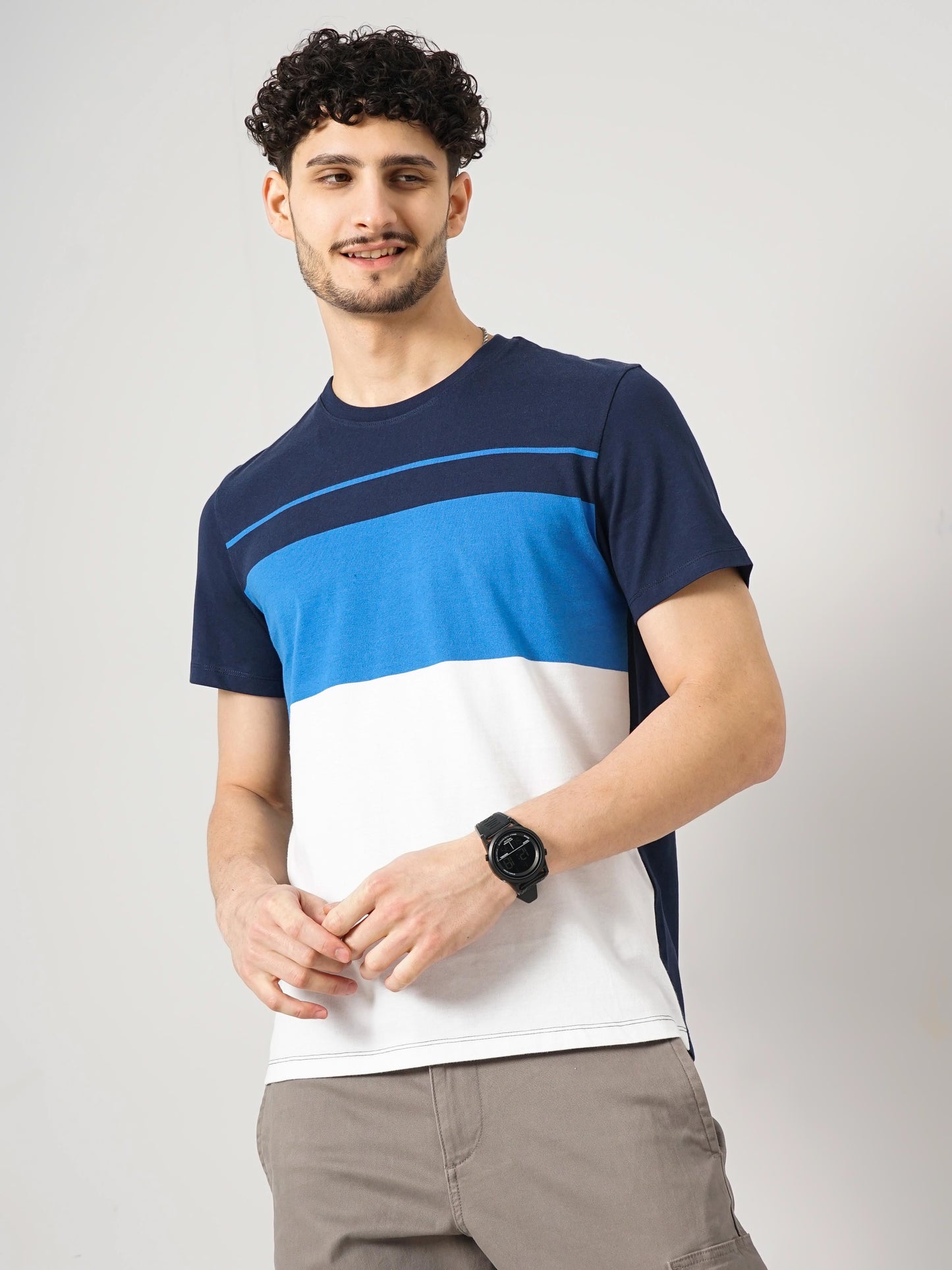 Navy Blue Colourblock Cotton T-shirt