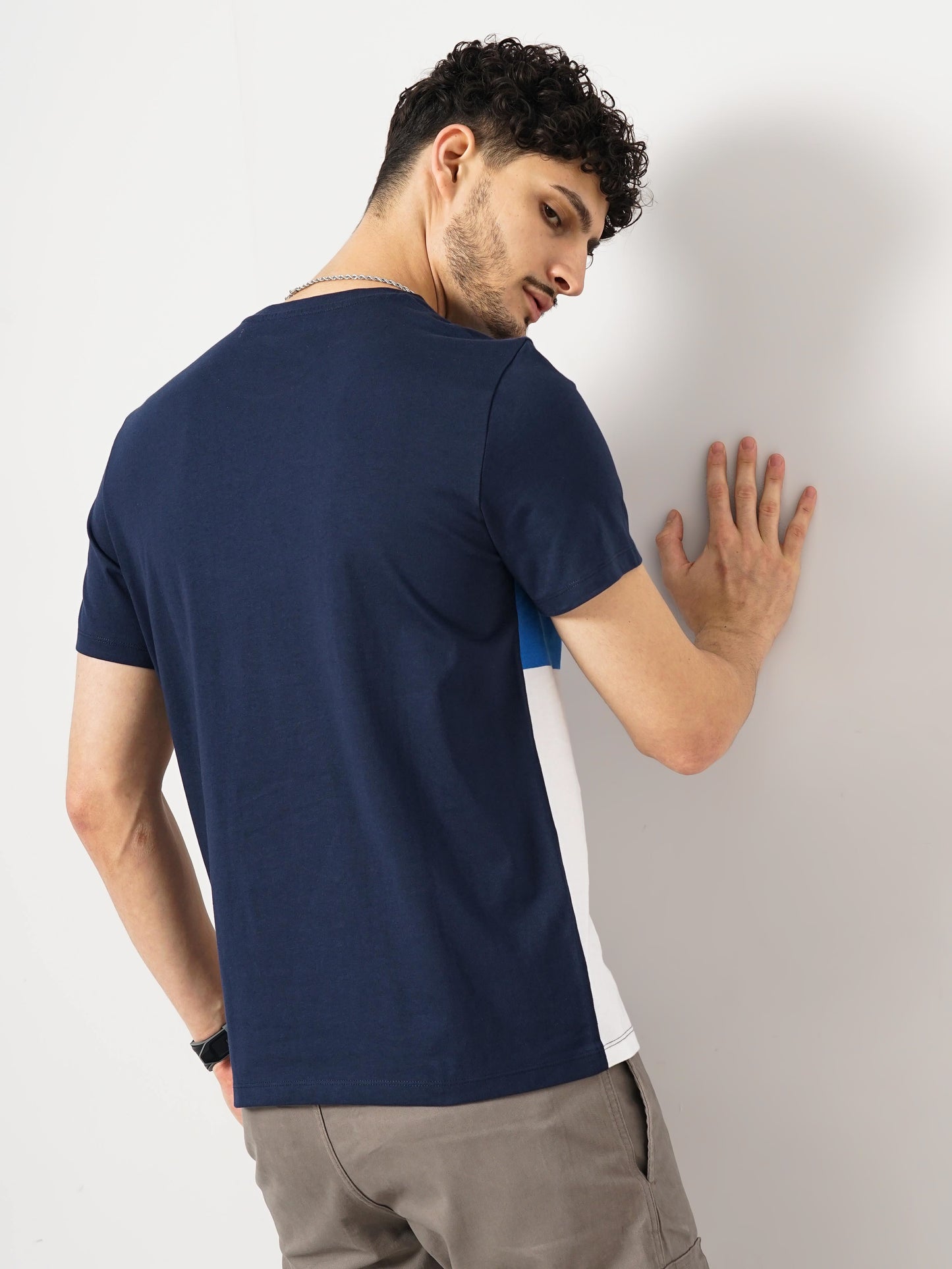 Navy Blue Colourblock Cotton T-shirt