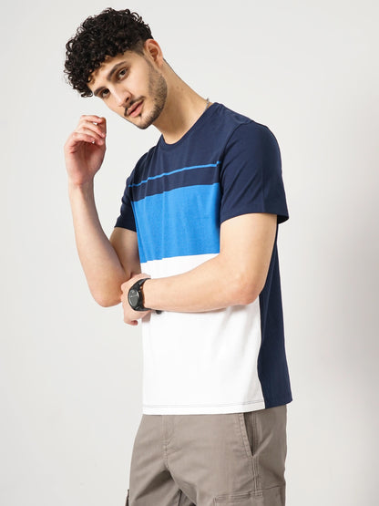 Navy Blue Colourblock Cotton T-shirt