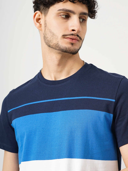 Navy Blue Colourblock Cotton T-shirt