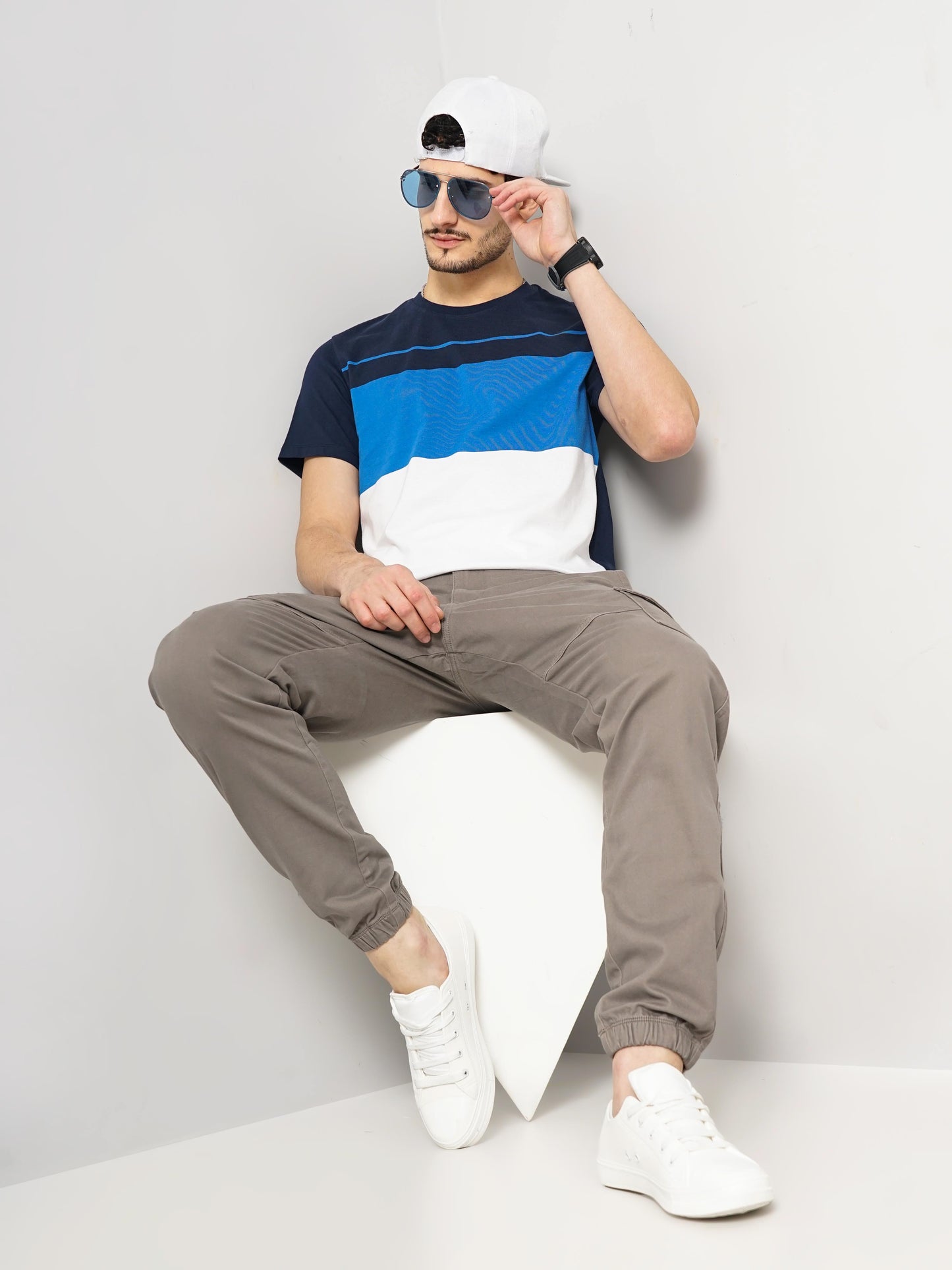 Navy Blue Colourblock Cotton T-shirt