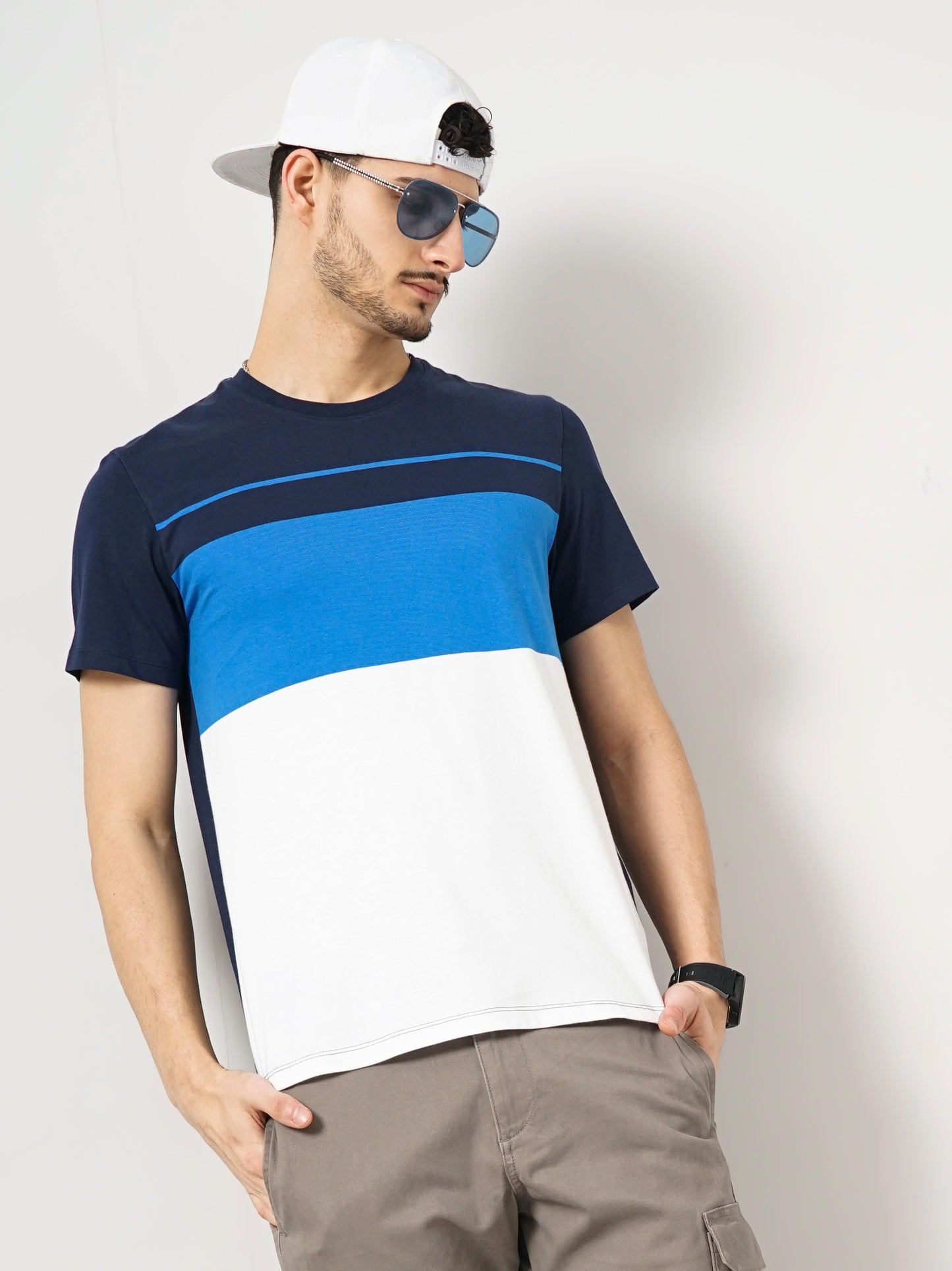 Navy Blue Colourblock Cotton T-shirt