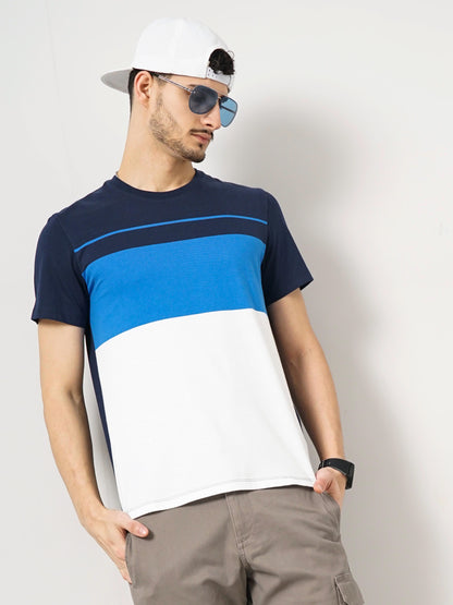 Navy Blue Colourblock Cotton T-shirt