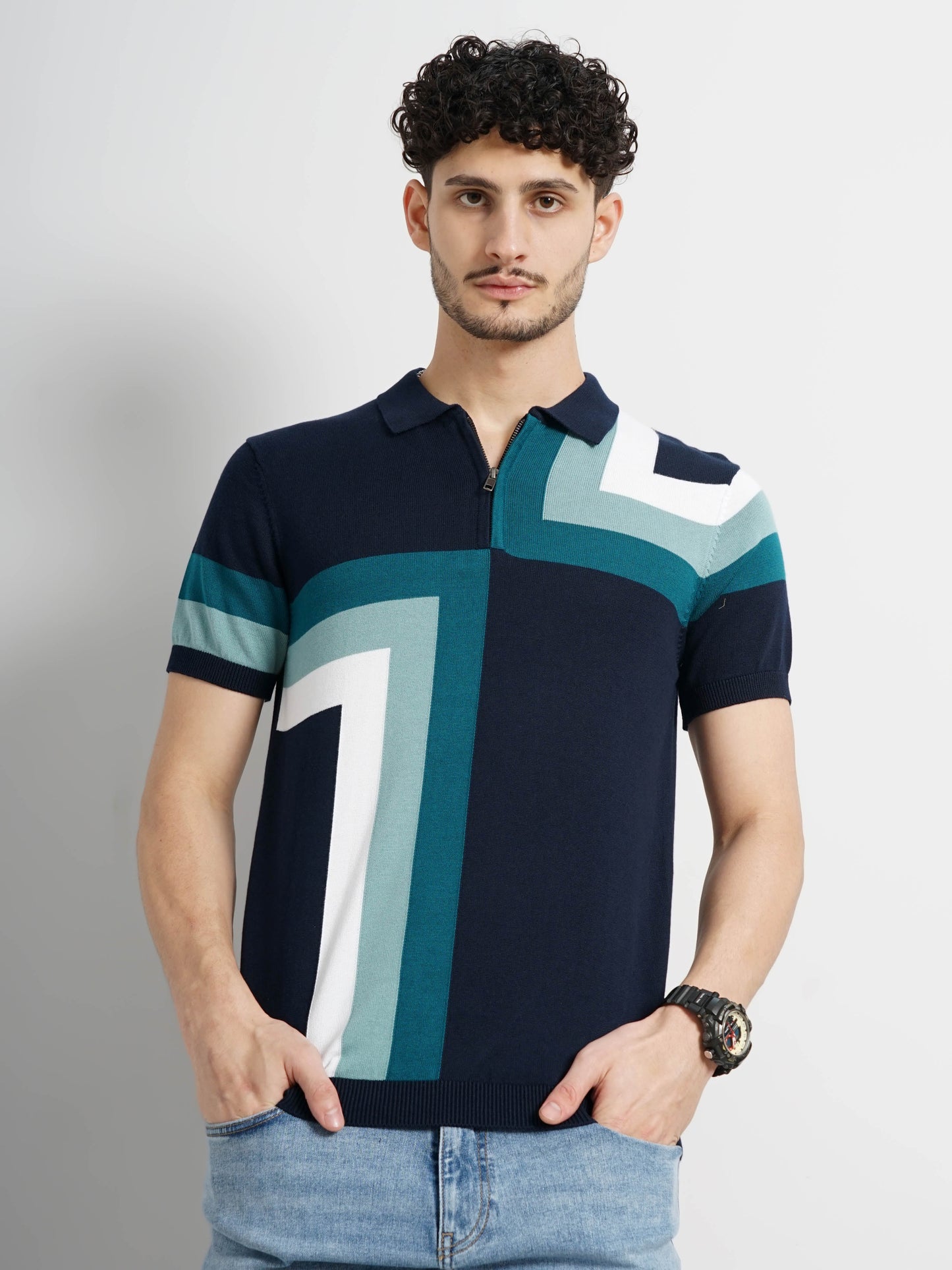 Navy Blue Colourblock Cotton Polo