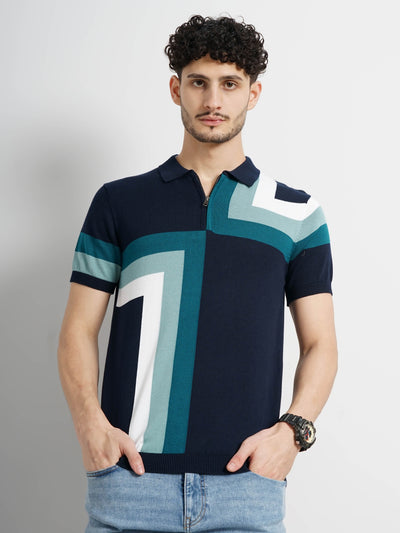 Celio* Colourblock Regular Fit Cotton Navy Blue T-Shirt