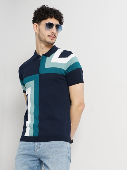 Navy Blue Colourblock Cotton Polo