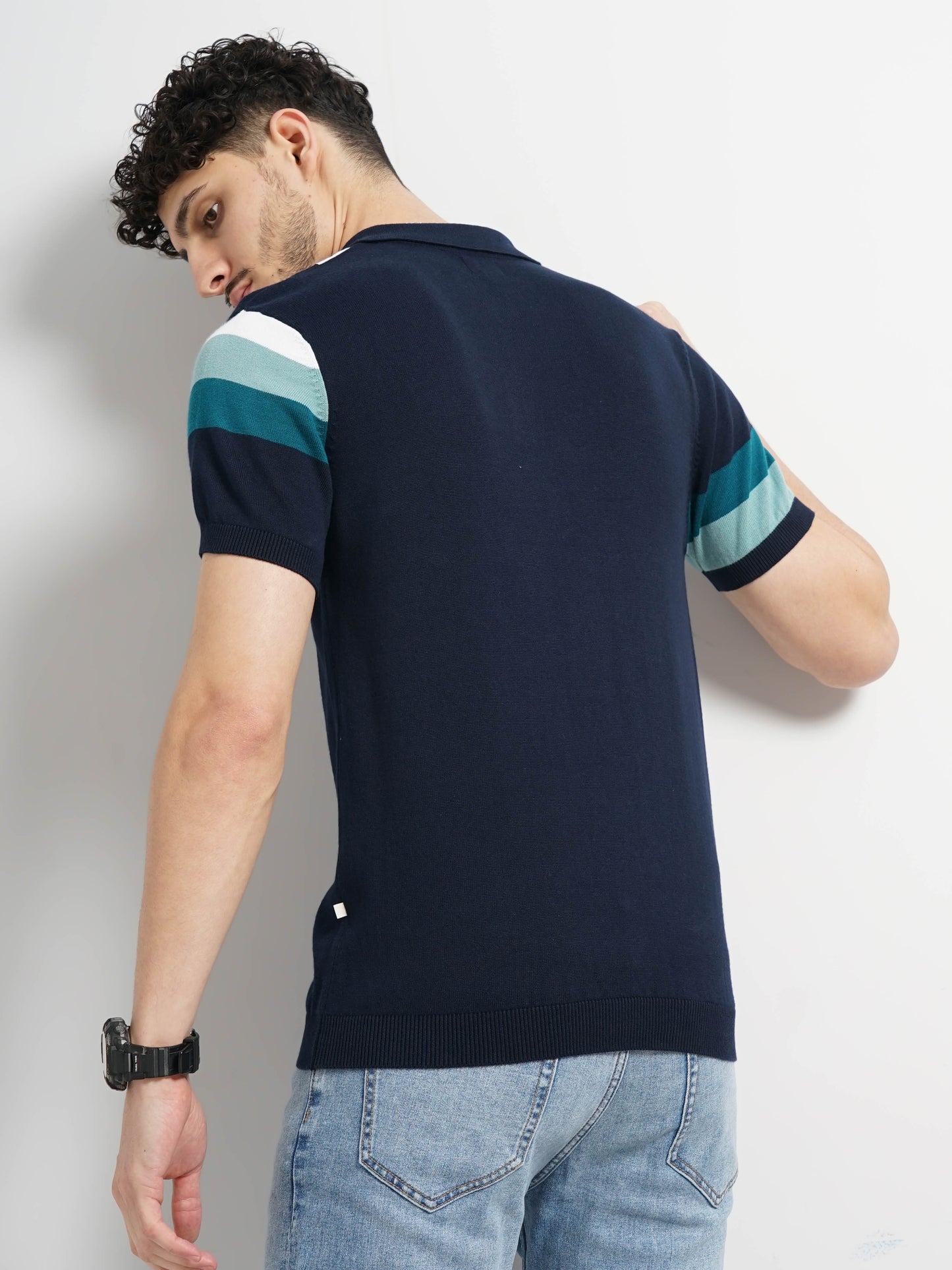 Navy Blue Colourblock Cotton Polo