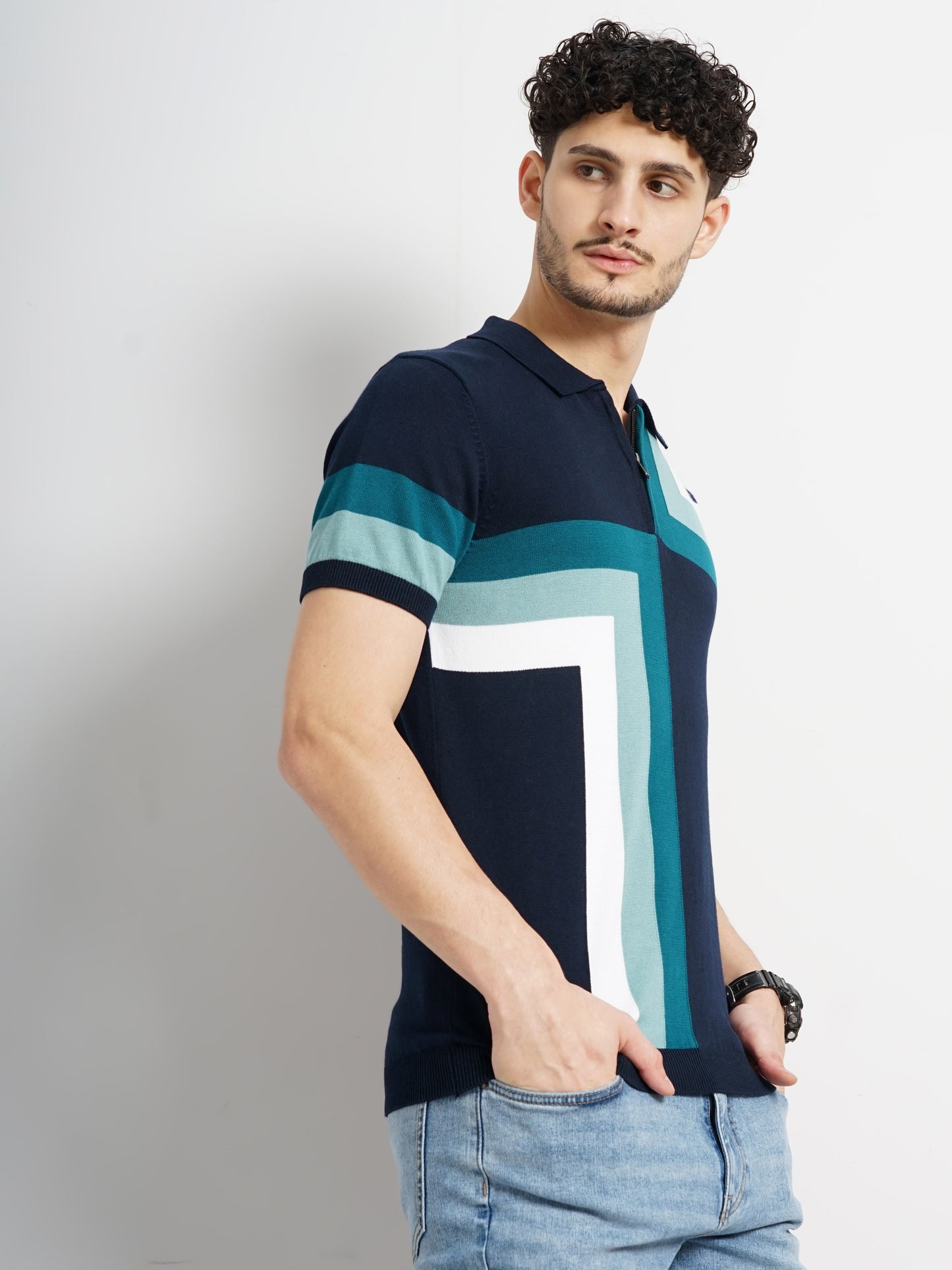 Navy Blue Colourblock Cotton Polo