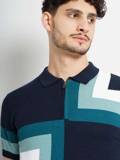 Navy Blue Colourblock Cotton Polo