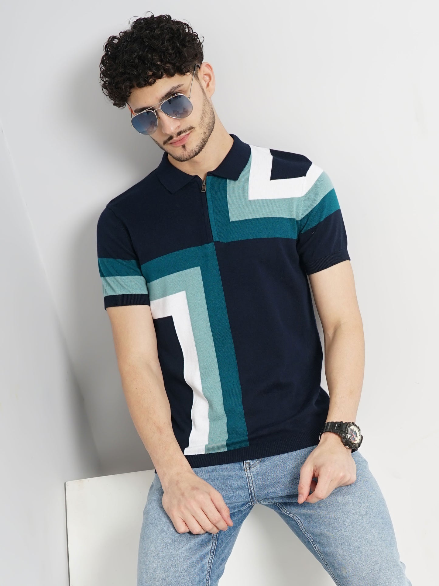 Navy Blue Colourblock Cotton Polo