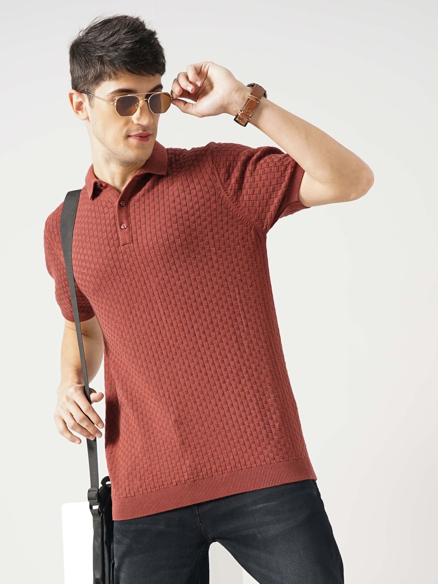 Brown Solid Cotton Polo