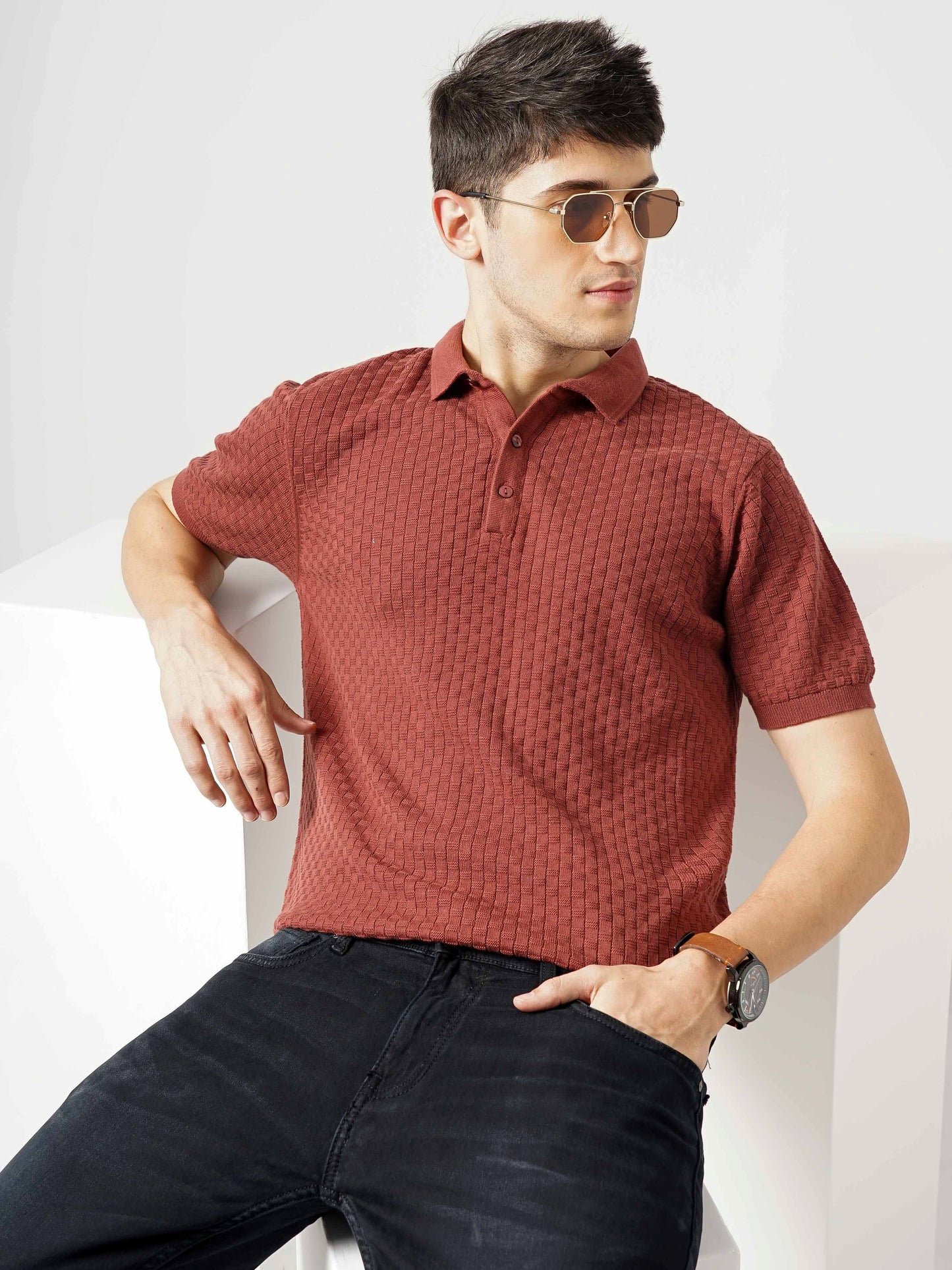 Brown Solid Cotton Polo