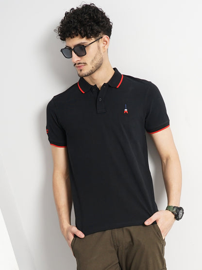 Black Solid Cotton Polo