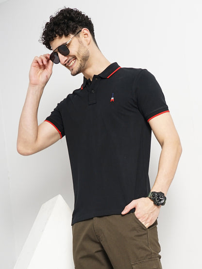 Black Solid Cotton Polo