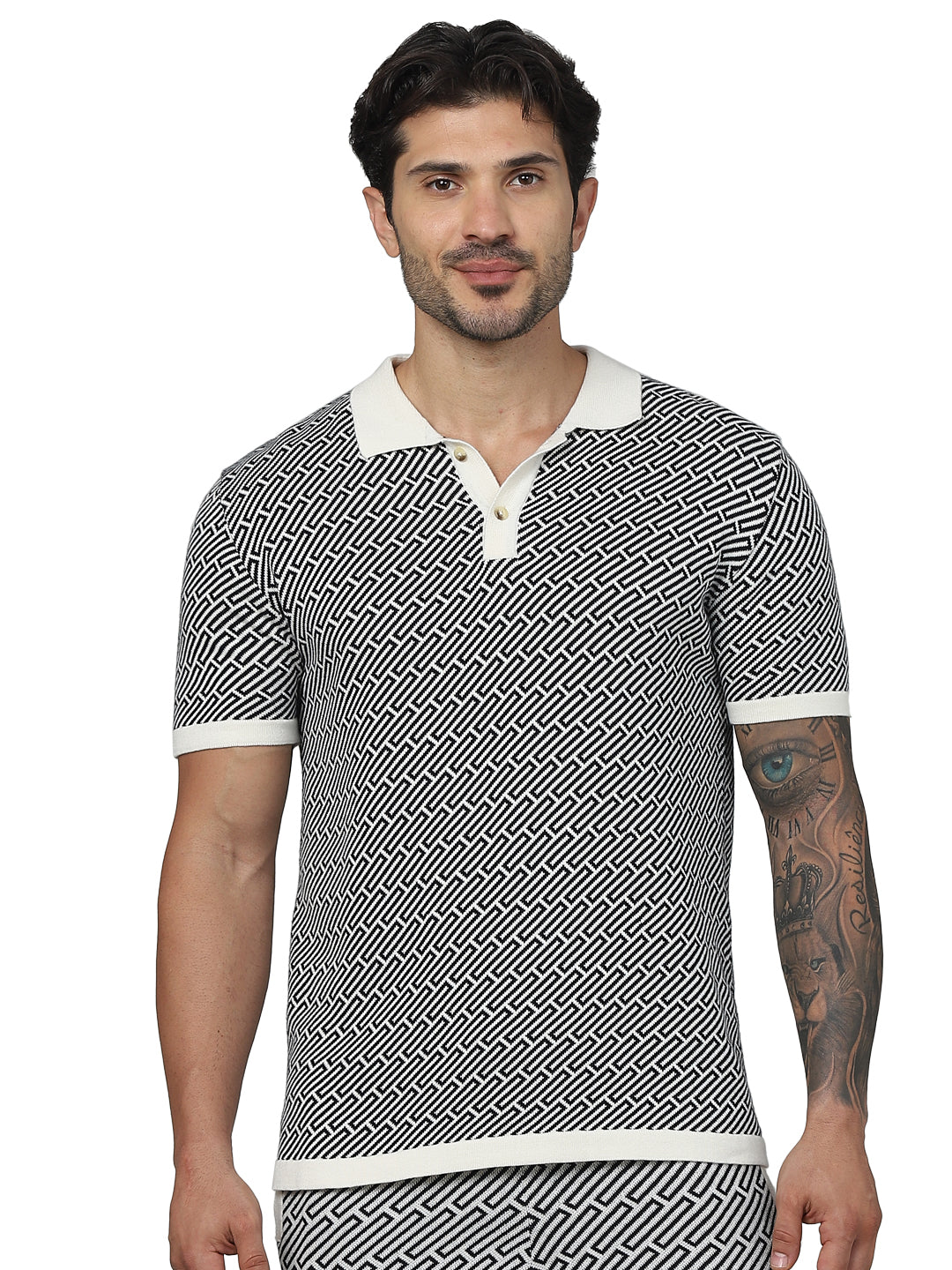 Black Graphic Printed Cotton Polo