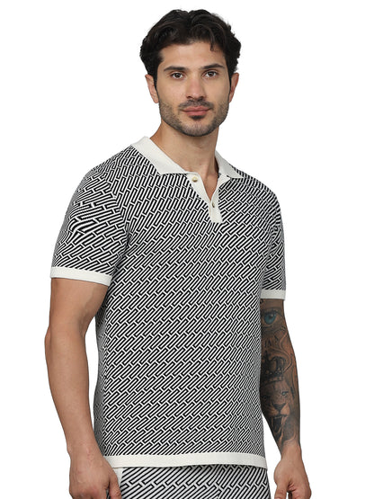 Black Graphic Printed Cotton Polo