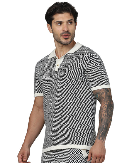 Black Graphic Printed Cotton Polo