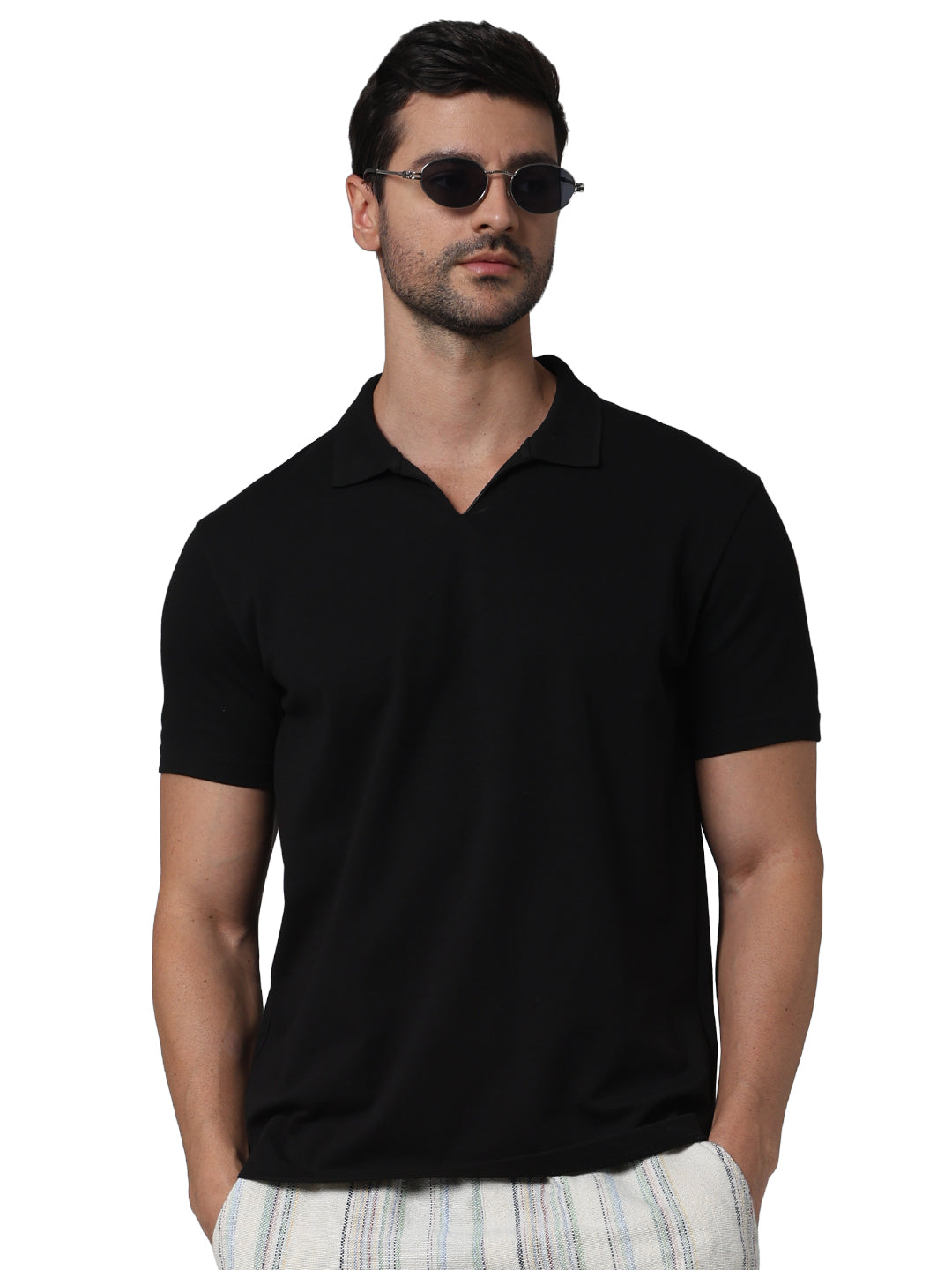 Black Solid Cotton Polo