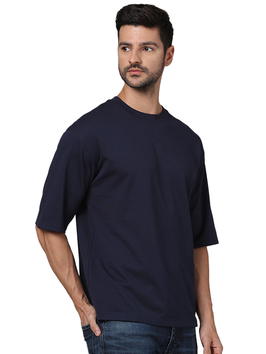 Celio* Navy Blue Cotton Solid Regular Fit Men T-Shirt