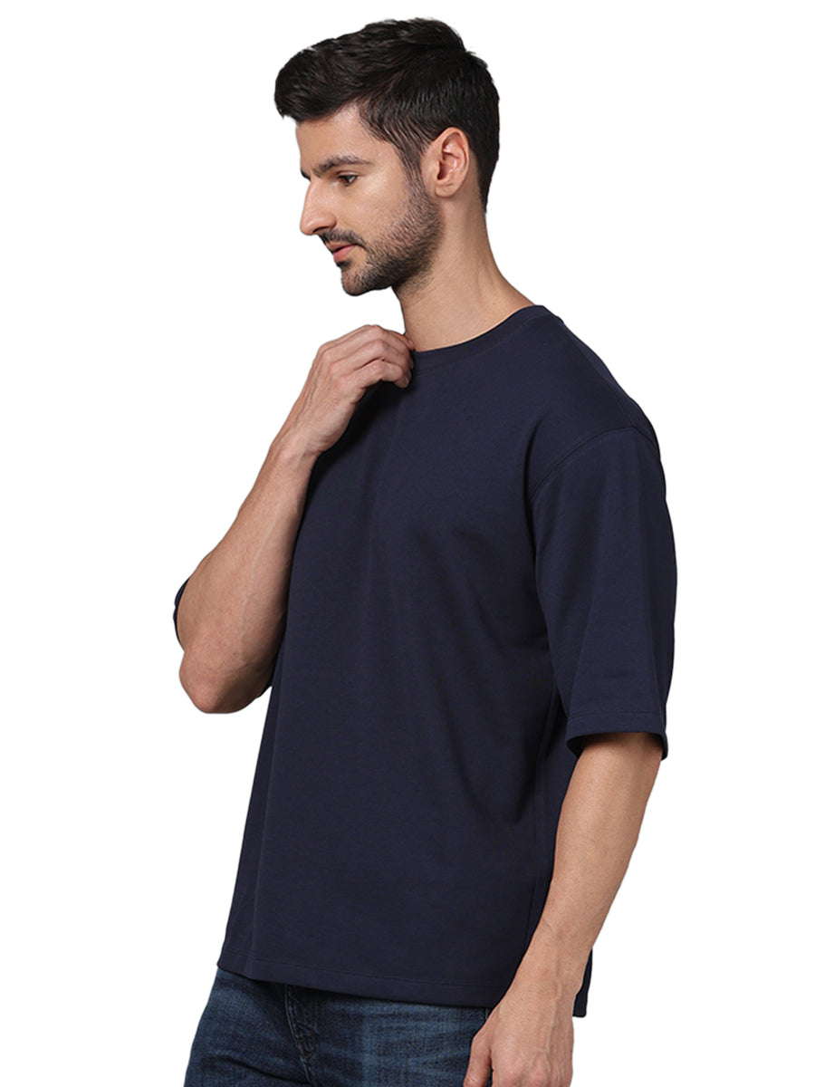 Celio* Navy Blue Cotton Solid Regular Fit Men T-Shirt