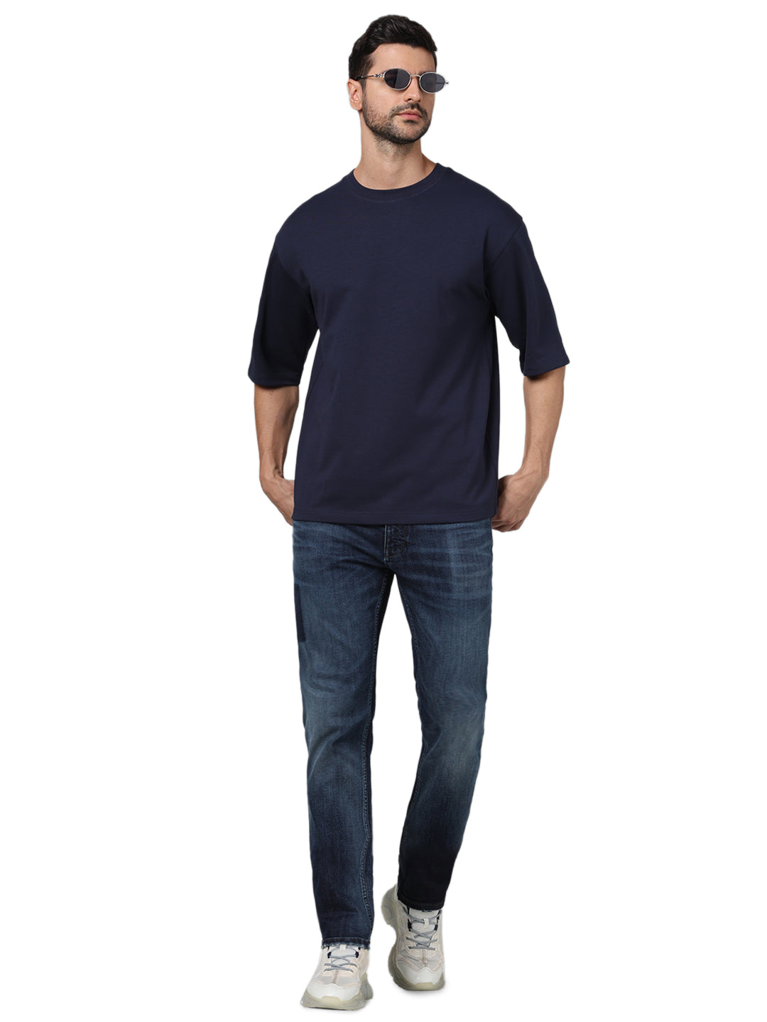 Celio* Navy Blue Cotton Solid Regular Fit Men T-Shirt