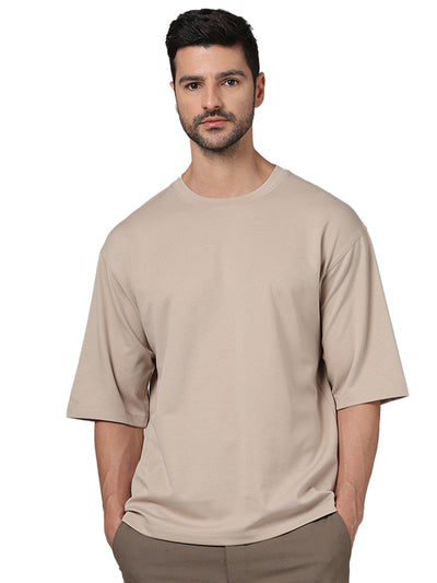 Celio* Solid Regular Fit Cotton Beige T-Shirt