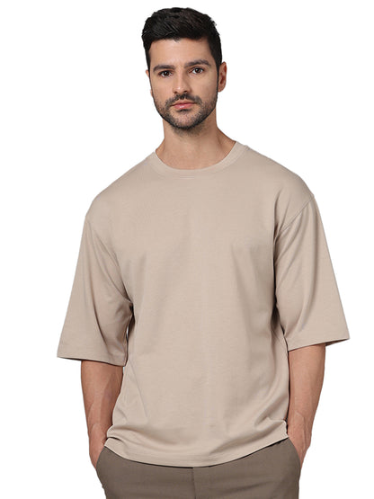 Beige Solid Cotton T-shirt