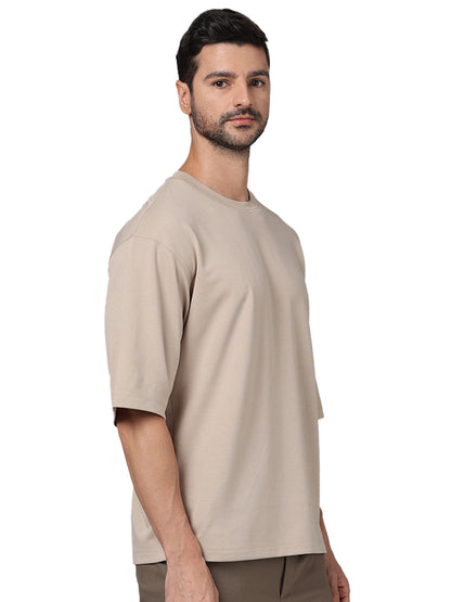 Beige Solid Cotton T-shirt