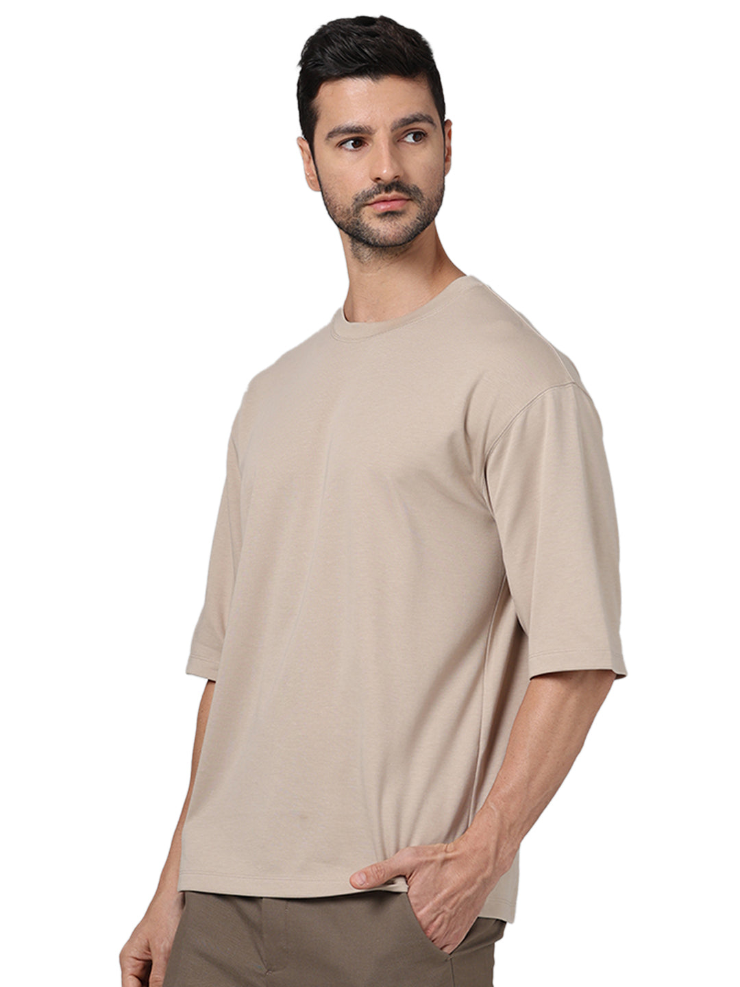 Beige Solid Cotton T-shirt