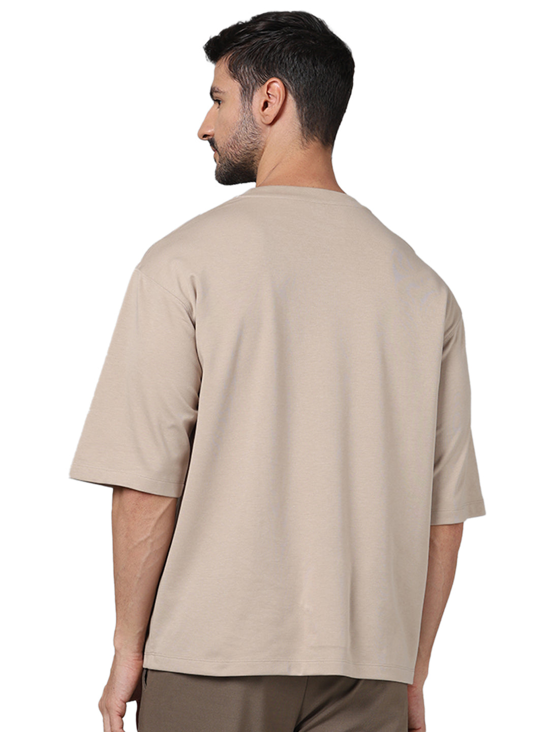 Beige Solid Cotton T-shirt