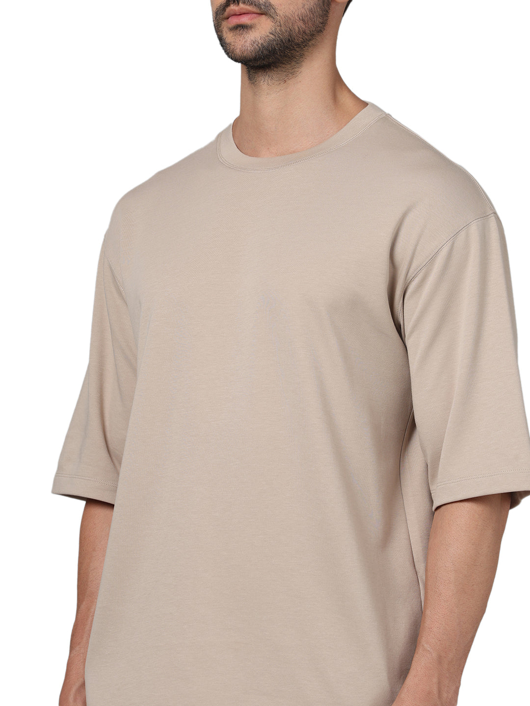 Beige Solid Cotton T-shirt