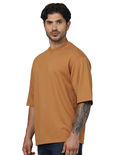 Celio* Solid Oversized Cotton Brown T-Shirt