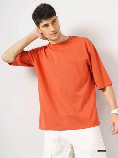 Celio* Solid Oversized Cotton Coral T-Shirt