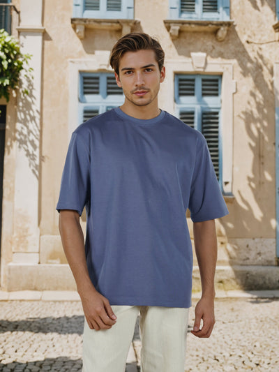 Celio* Men Blue Solid Oversized Cotton-Blend T-Shirts