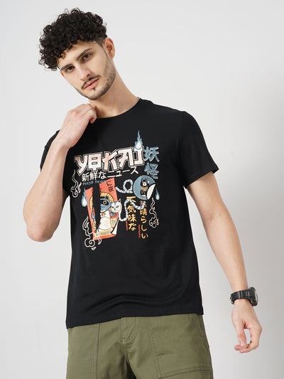 Celio* Printed Regular Fit Cotton Black T-Shirt